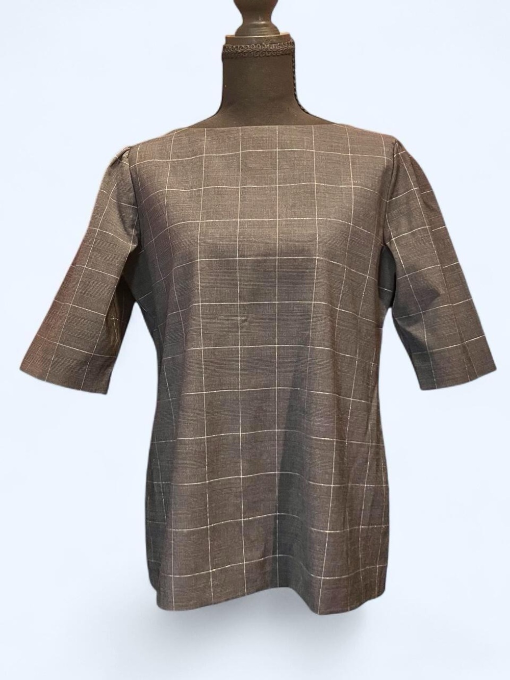 Banana Republic Gray Windowpane Wool Blend Blouse Top